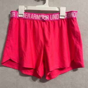 Under Armour Women's Play Up 3.0 shorts in a bright pink color preowned